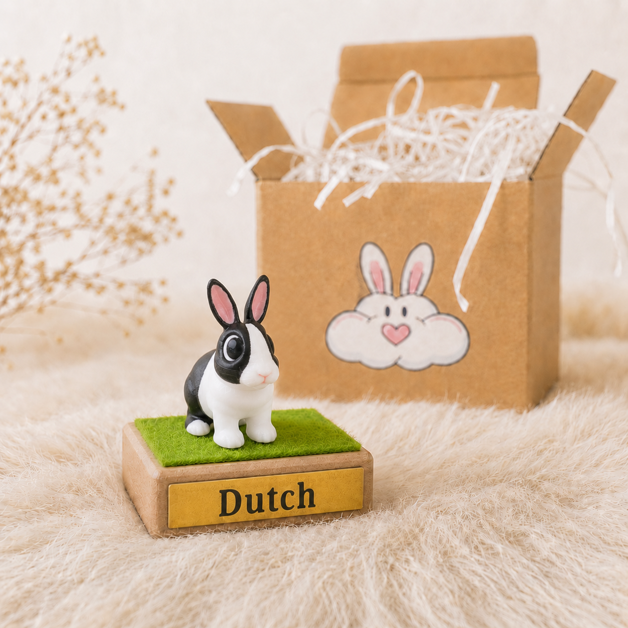 Small rabbit figurine on a green base with 'Dutch' text, in front of a cardboard box with a bunny illustration.