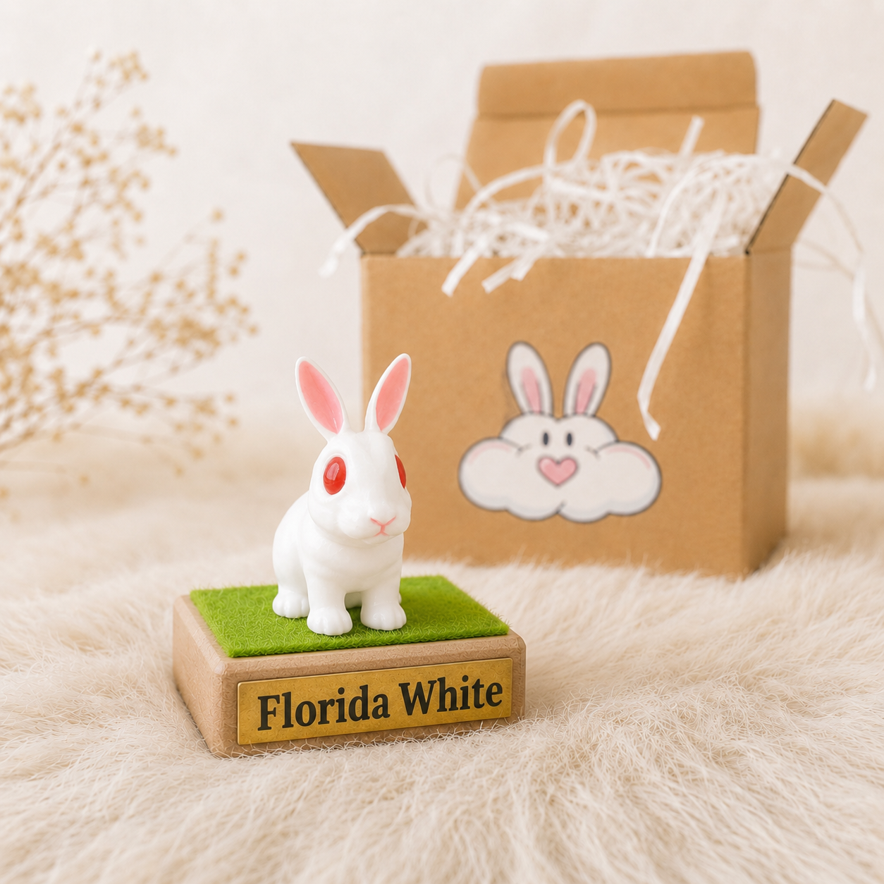 White rabbit figurine on a green base with 'Florida White' text, in front of a brown gift box with a bunny design.