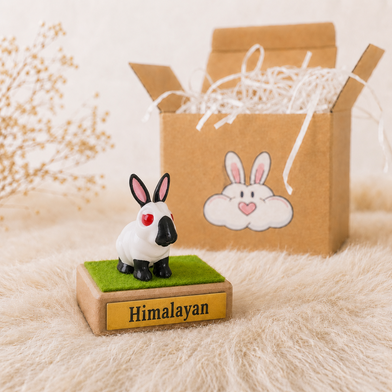 Himalayan rabbit figurine on a green base with a cardboard box featuring a rabbit illustration in the background.