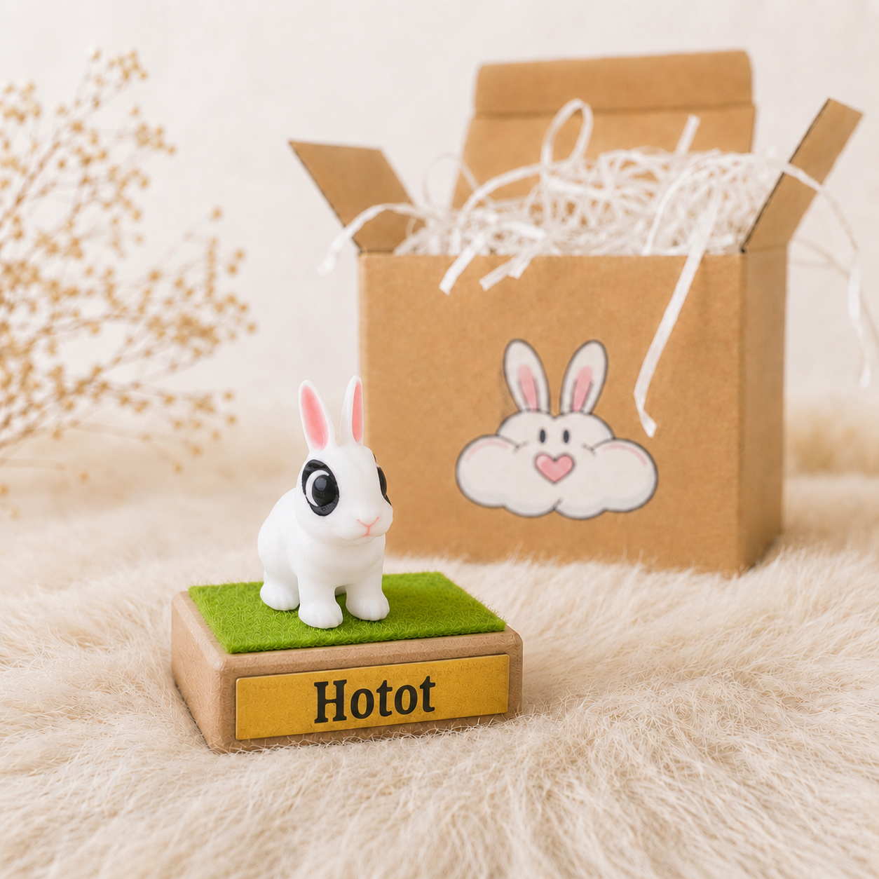 Small white rabbit figurine on a green patch with 'Hotot' branding, next to an open cardboard box with a bunny illustration.