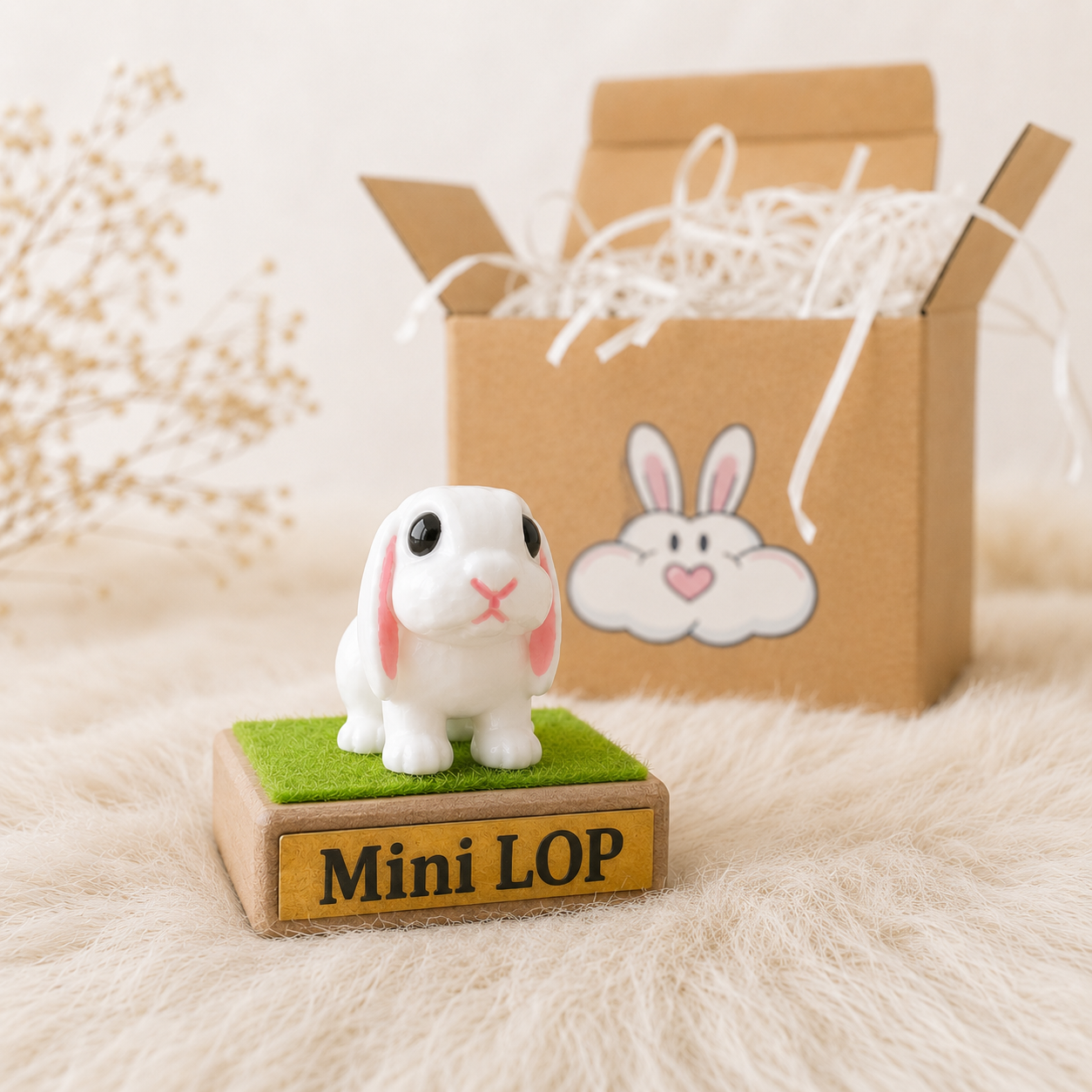 Miniature rabbit figurine on a wooden block with 'Mini LOP' text, in front of a cardboard box with a bunny design.