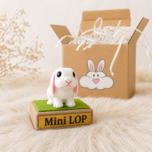 Miniature rabbit figurine on a wooden block with 'Mini LOP' text, in front of a cardboard box with a bunny design.