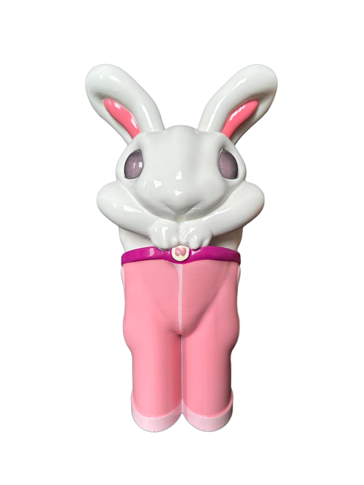 Sculpture of a white rabbit with pink pants and pink eyes